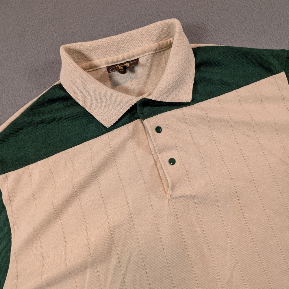 Vintage 70s Sears Tennis Polo Shirt Mens Large Colorblock Pinstripe Green Cream